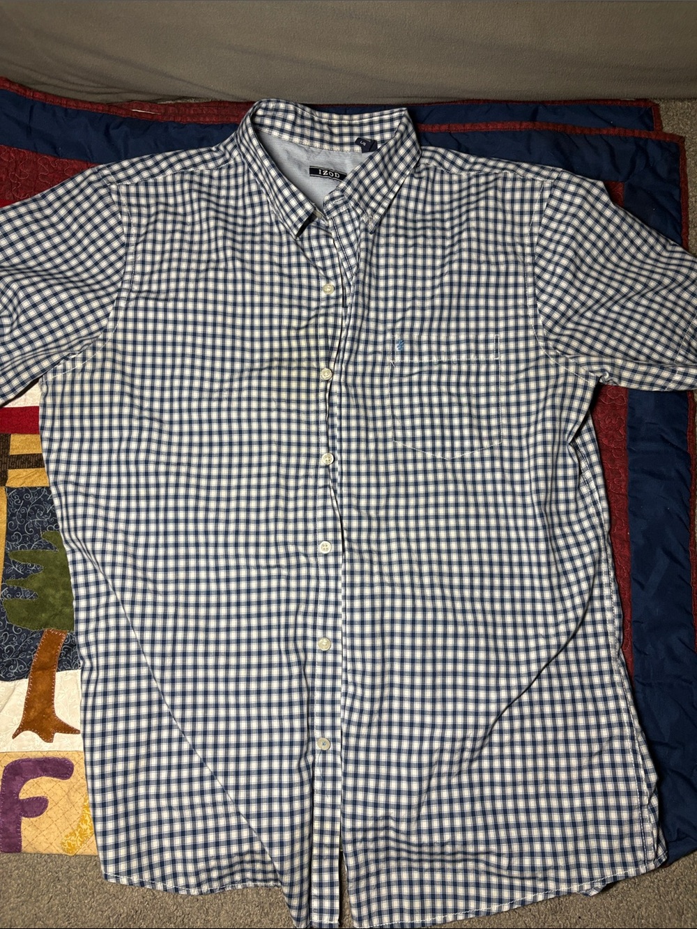 Izod Blue and White Gingham Short-Sleeve Button-Down Shirt